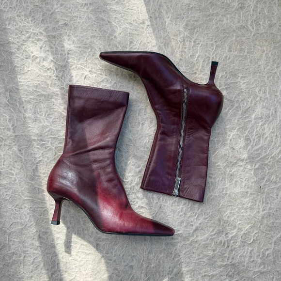 Zara Burgundy Leather Kitten Heel Zip Boots – Size 37 - Picture 2 of 5